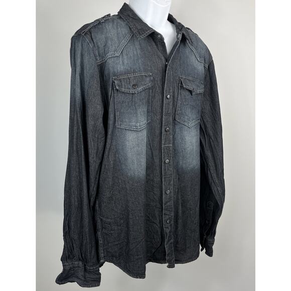 Men's Carbon Classic Fit Demin Long Sleeve Snap Up Dark Blue Size XL Shirt - Picture 2 of 7